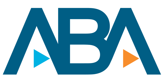The letters "ABA" in dark blue, with a light blue triangle pointing right inside the A and an orange triangle inside the B.