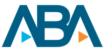 The letters "ABA" in dark blue, with a light blue triangle pointing right inside the A and an orange triangle inside the B.