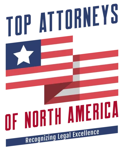 Logo for "Top Attorneys of North America" featuring a stylized Liberian flag and text in blue and red.