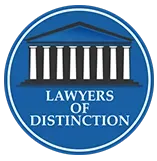 Blue circular logo featuring a white neoclassical building with columns and the text "LAWYERS OF DISTINCTION".