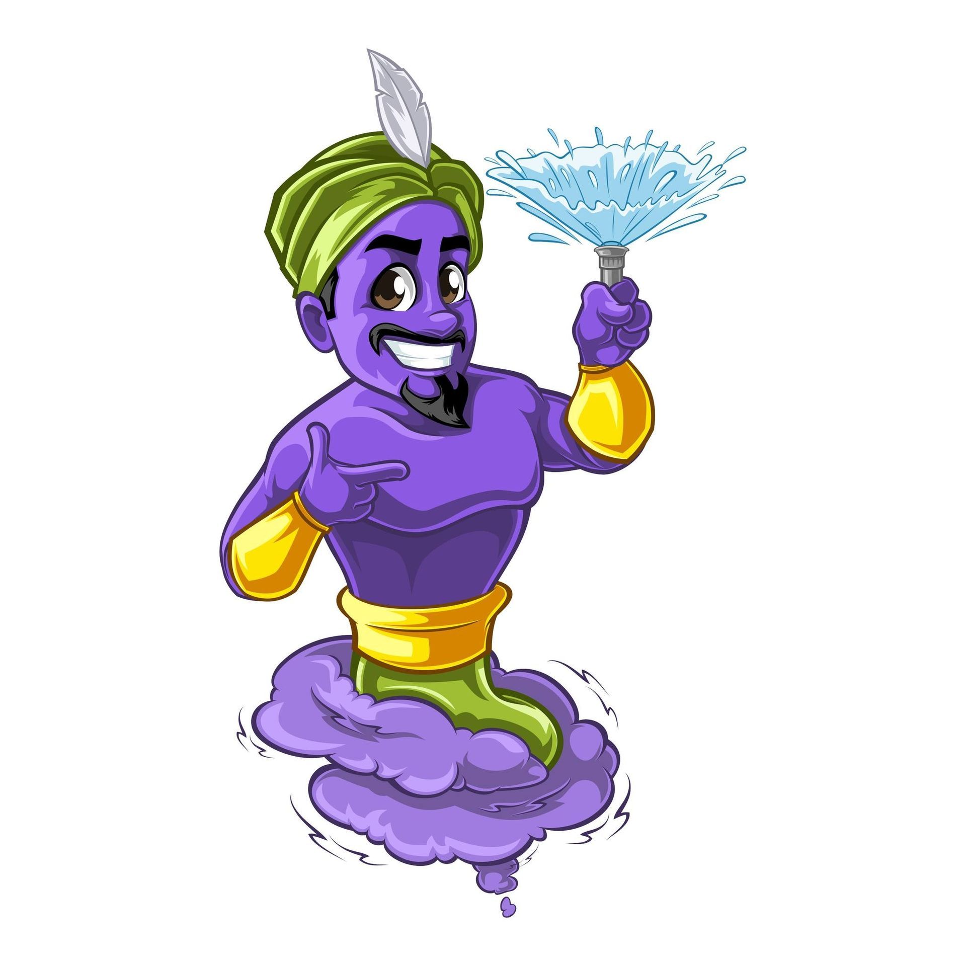 Purple genie with a green turban, holding a spray wand.