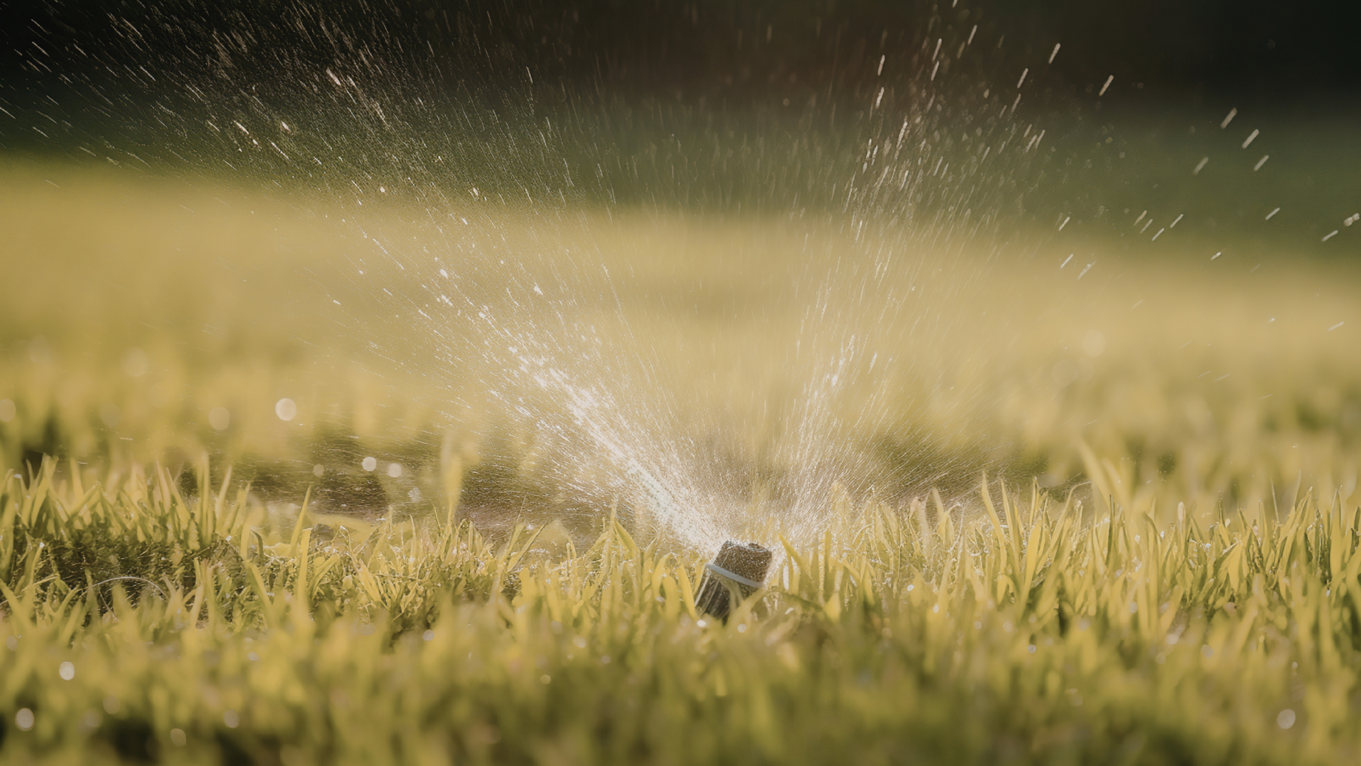 Sprinkler spraying water over a field of tall, yellow grass.