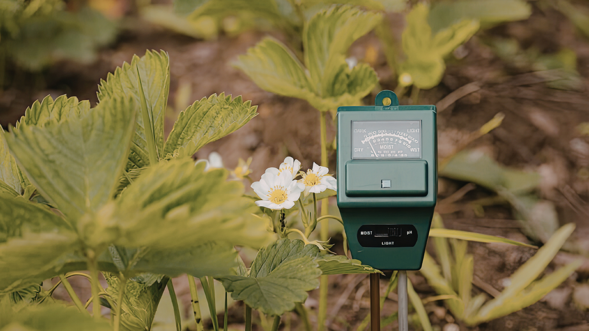 A green soil moisture meter in a garden with strawberry plants and white flowers.