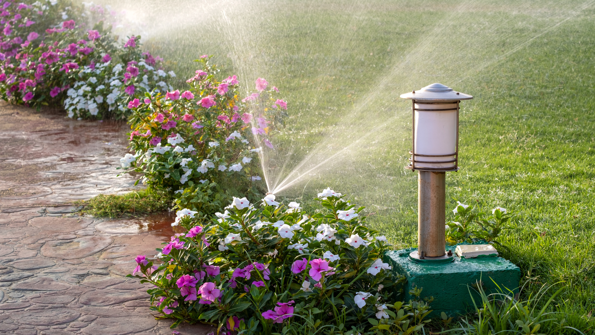 Lawn sprinkler watering pink and white flowers along a paved walkway and a green lawn, next to a decorative light.