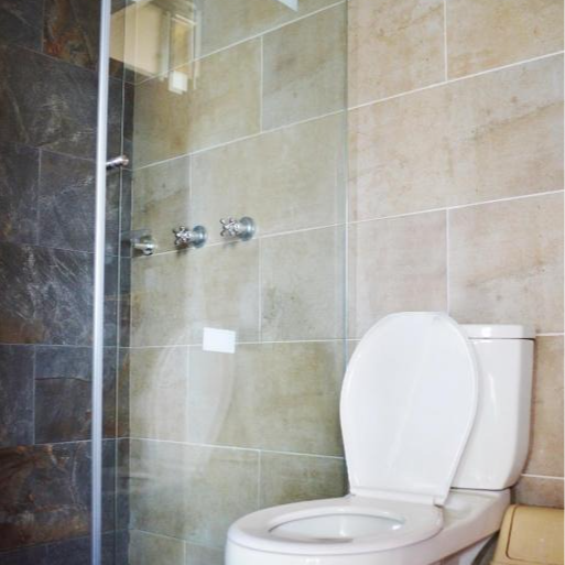 Un inodoro en un baño al lado de una cabina de ducha.