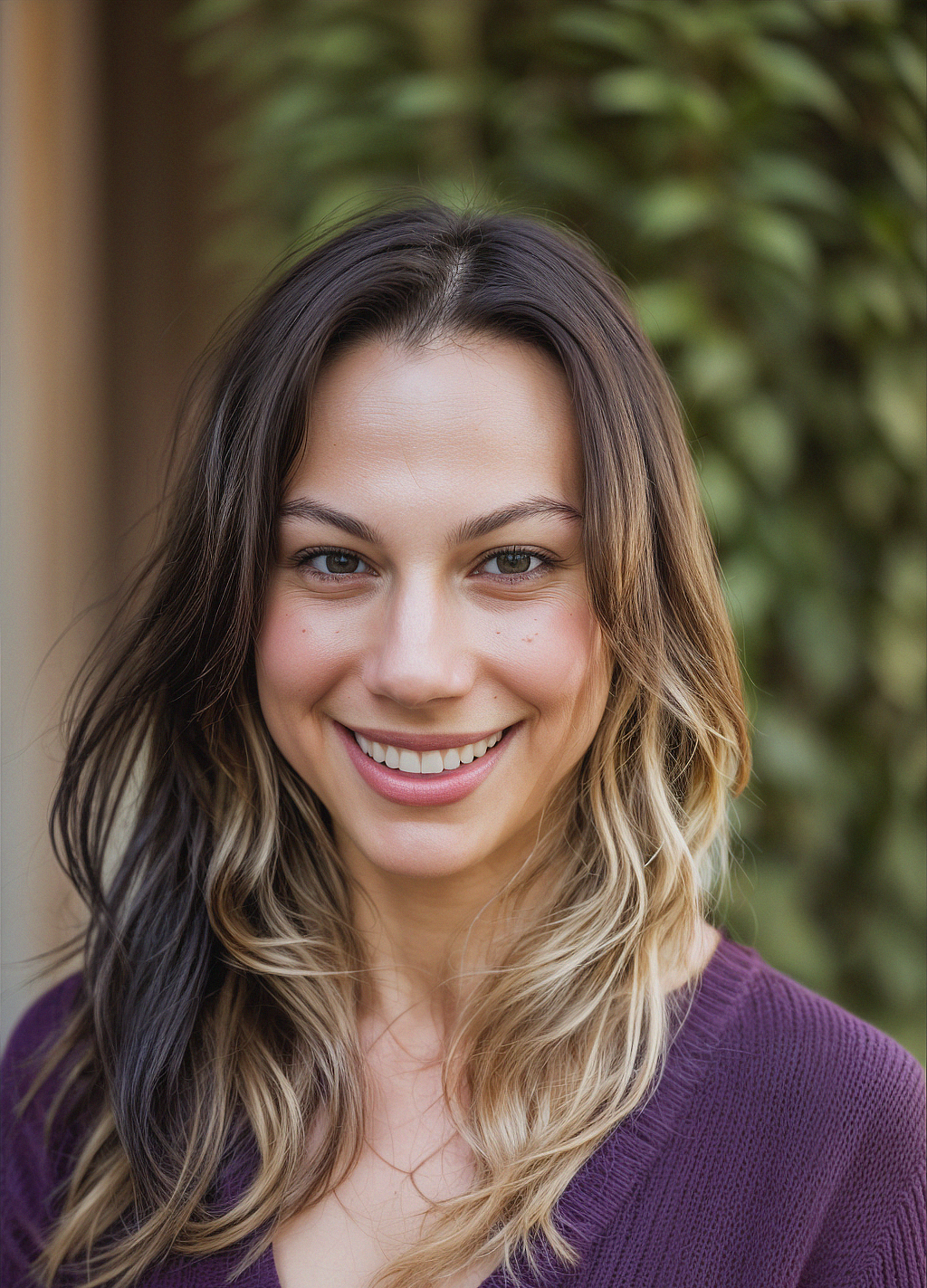 A woman in a purple sweater is smiling for the camera.