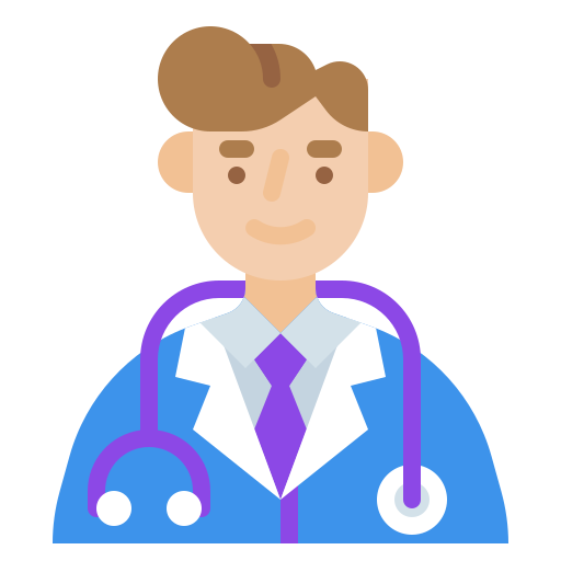 A cartoon illustration of a doctor with a stethoscope around his neck.