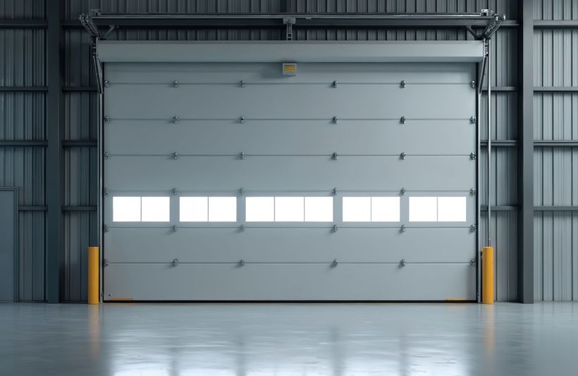Closed gray industrial roll-up door with windows, inside a warehouse. Closed gray industrial roll-up door with windows, inside a warehouse.