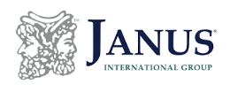 Janus International Group logo with a two-faced figure in gray and dark blue text.
