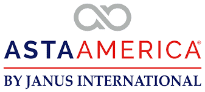 Logo for ASTA AMERICA, with infinity symbol, text in blue and red, and
