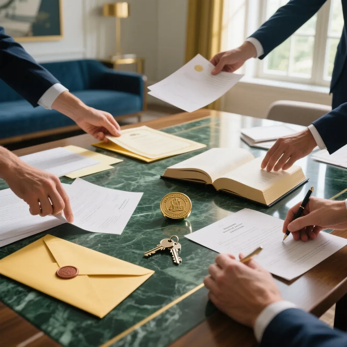 Hands exchanging documents over a green marble table with folders, papers, and a gold seal in a formal office