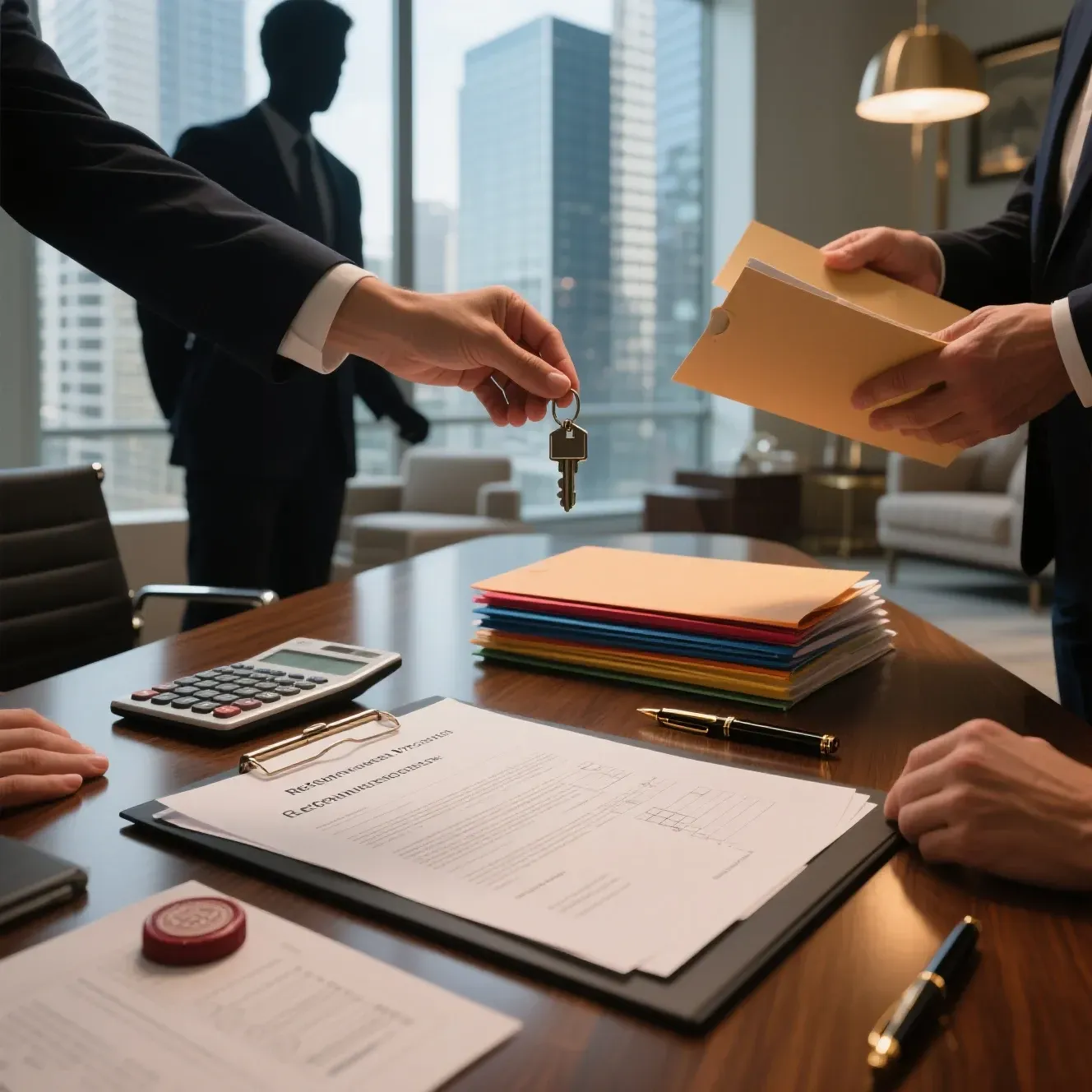 Businesspeople exchanging keys over a desk with documents, calculator, and folder in an office