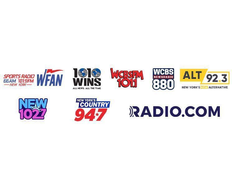 Logos of various radio stations, including Sports Radio, WFAN, 1010 WINS, WCBS, ALT 92.3, New 102.7, and New Country 94.7.