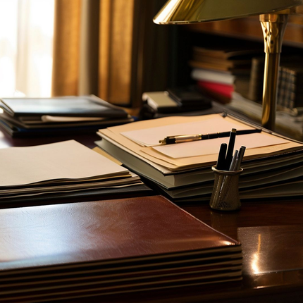 Desk with neatly stacked notebooks, pens, and a brass lamp on a polished wooden surface