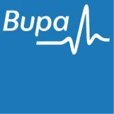 Un fondo azul con la palabra bupa y una línea de latidos del corazón.