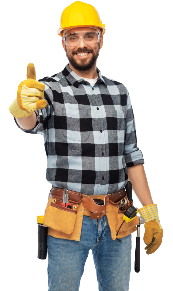 A man wearing a hard hat and gloves is giving a thumbs up.