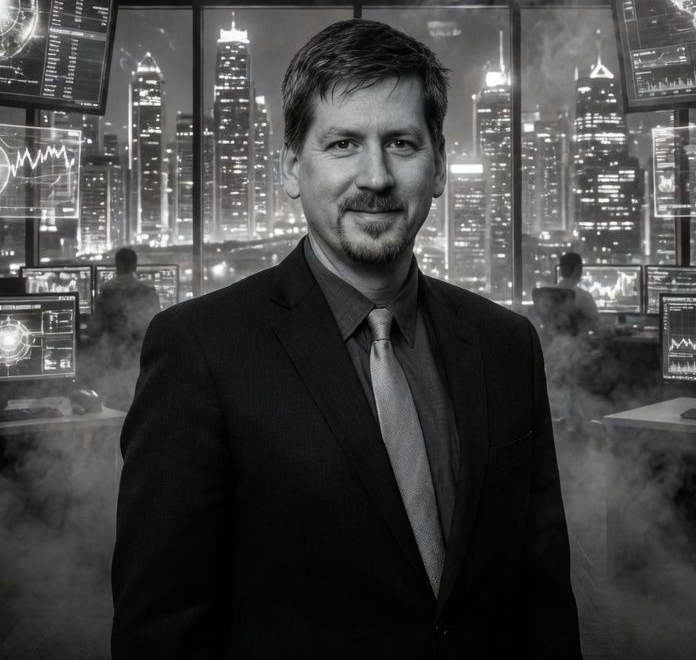 Founder Frederick Pollnitz in front of a night city scape