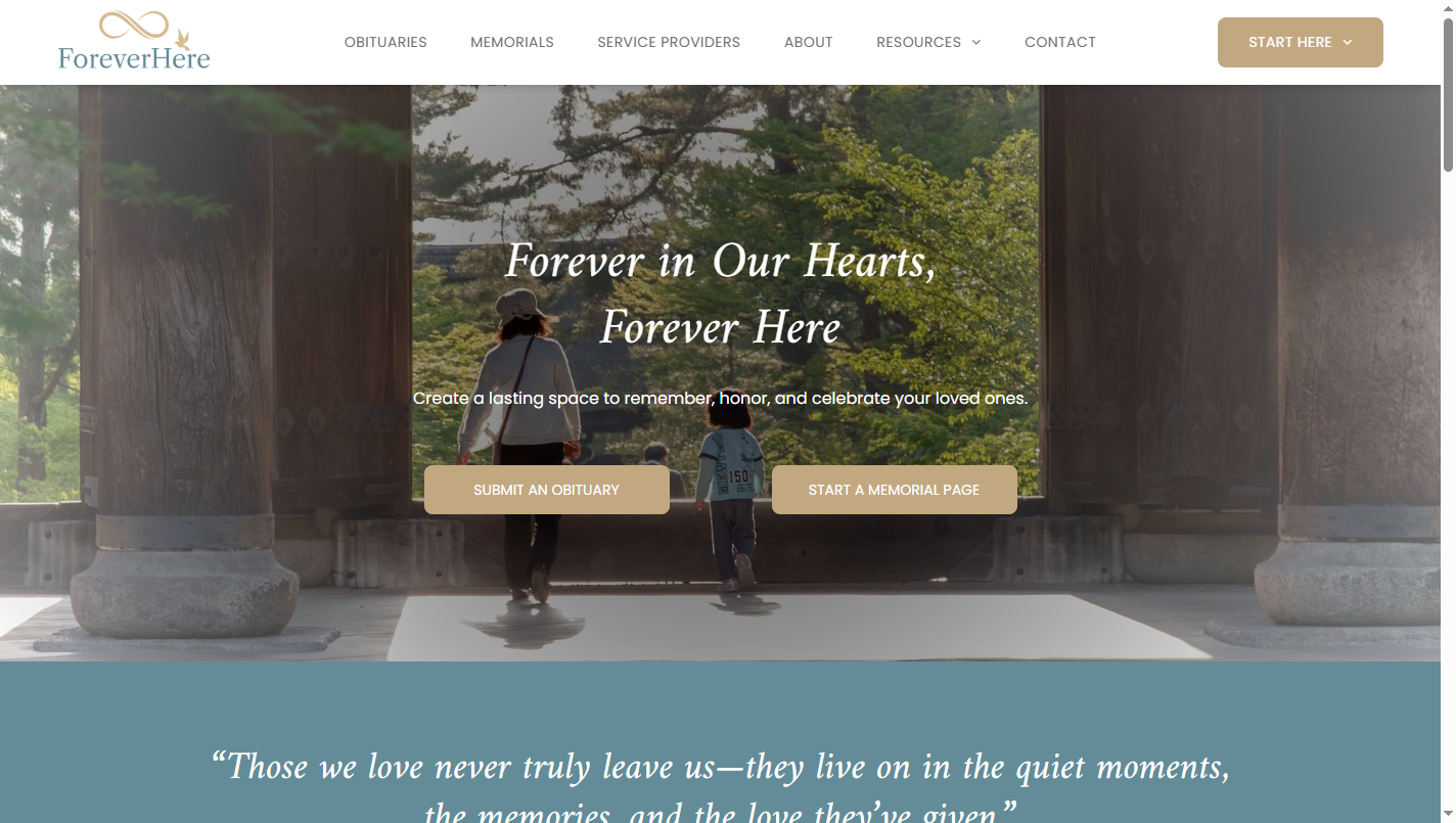 ForeverHere homepage, two figures at a memorial, text 
