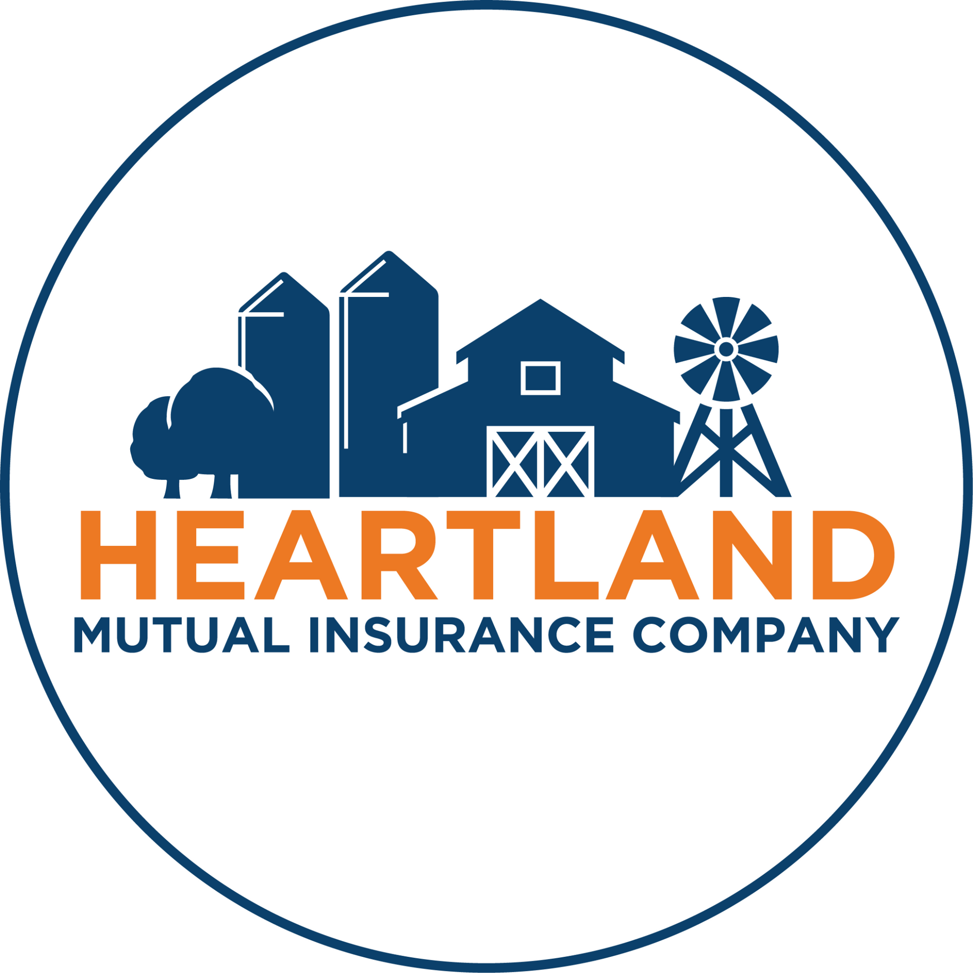 Heartland Mutual Insurance Company logo: a barn, silos, windmill, and text on a blue and orange background.