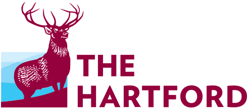 Logo of The Hartford insurance company featuring a stag in maroon with blue background.