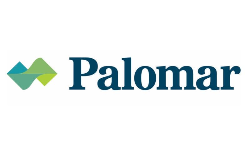 Palomar logo with abstract teal and green shapes next to the word