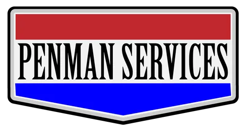 Logo for Penman Services: Text in black on a white background with a red top and blue bottom banner.