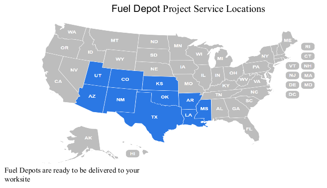 Map of the US with fuel depot service locations highlighted in blue: western and southern states.