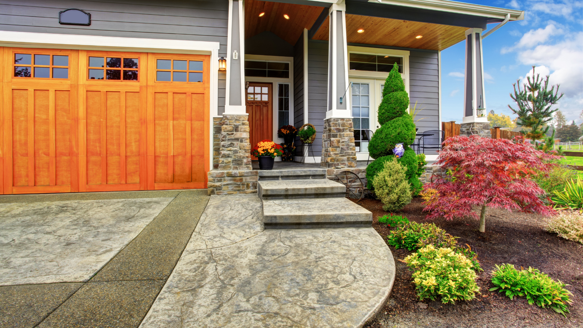 Multi-colored brick paving, yellow, red, gray, and brown.