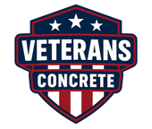Logo for Veterans Concrete. Red, white, and blue shield with 