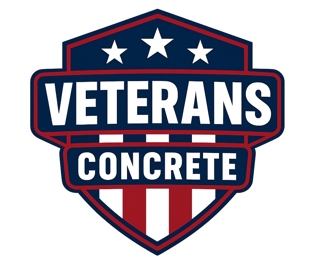Logo for Veterans Concrete. Red, white, and blue shield with 
