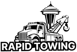 A black and white logo for Rapid Towing with a tow truck and a lighthouse.