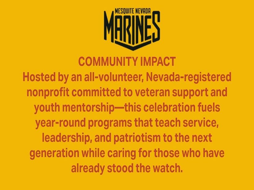 Text on yellow background for Mesquite, Nevada Marines. Describes veteran support, youth mentorship, and community impact.