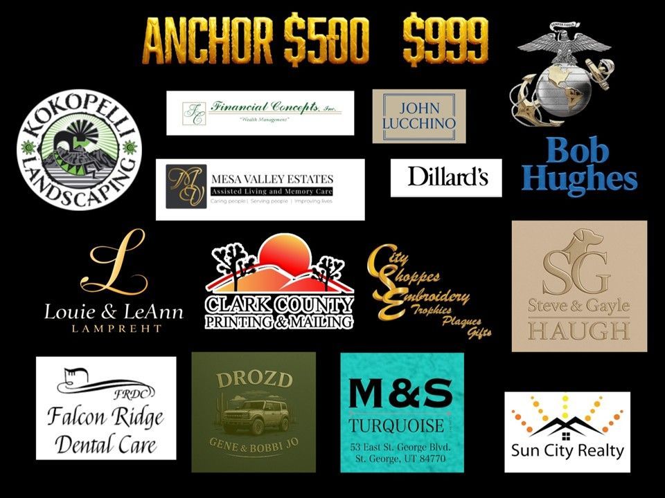 Logos of various businesses, likely sponsors, on a black background. Includes logos for landscaping, dental care, and real estate.