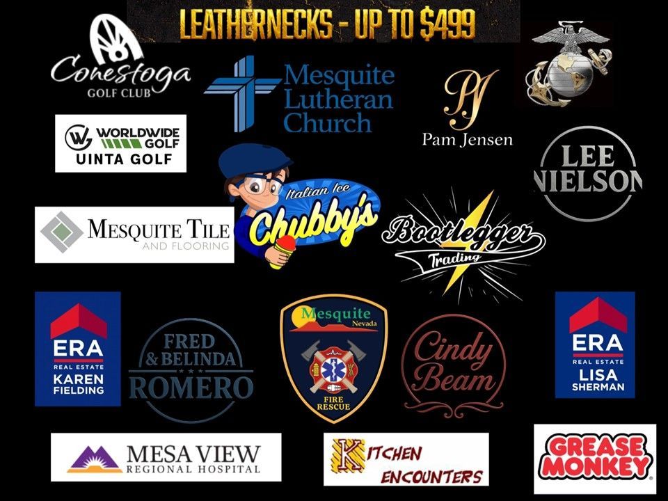 Logos of sponsors, including golf courses, restaurants, and real estate, for Leathernecks event.