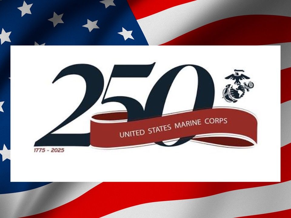 250th Anniversary logo for US Marine Corps over US flag. Logo includes text, ribbon, and the Marine emblem.