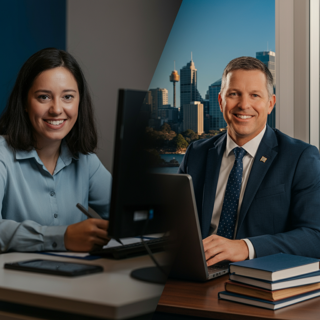 A man and a woman are sitting at a desk with a laptop and books.