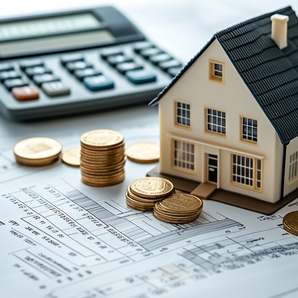 A model house is sitting on top of a table next to a calculator and stacks of coins.