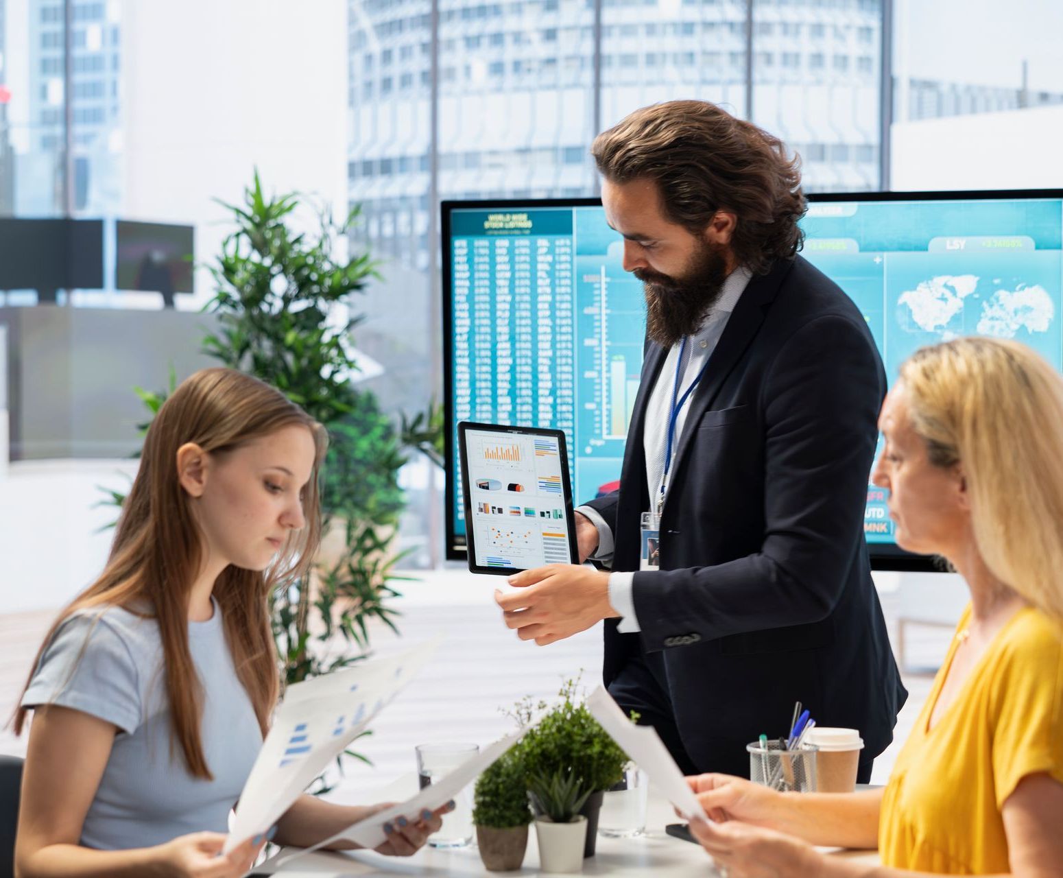 A group of people are sitting around a table having a meeting.