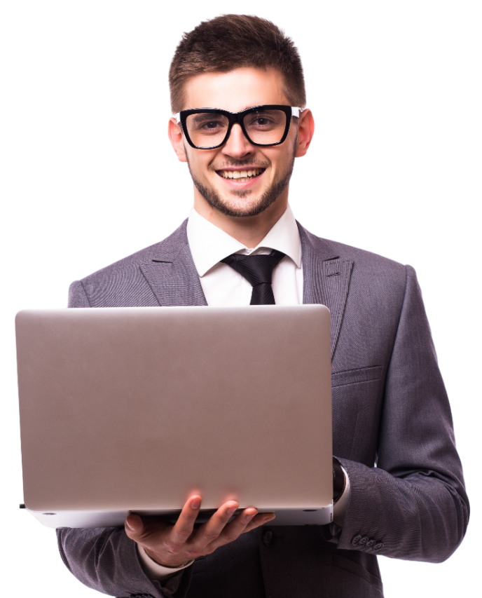 A man in a suit and tie is holding a laptop