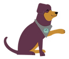 A cartoon brown dog wearing a grey bandana with a logo, sitting and waving its paw with a cheerful expression.