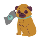 A brown pug with a teal collar sits holding a grey flag featuring a small logo.