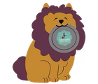 A cartoon dog with a dark mane holding a gray frisbee with the Michaels Angel Paws logo in its mouth.