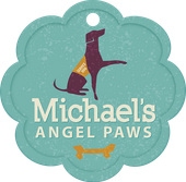 A teal scalloped pet tag logo for