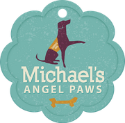 A teal scalloped pet tag logo for
