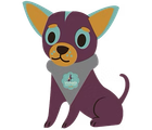 A cartoon dark purple Chihuahua with large teal eyes wearing a grey bandana with a small logo on it.