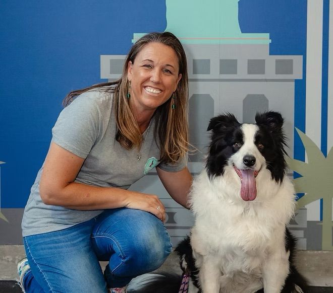 A smiling person wearing a gray t-shirt and blue jeans kneels beside a happy, black and white border collie.