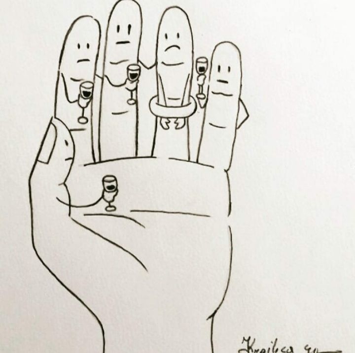 A drawing of a hand with smiley faces on the fingers