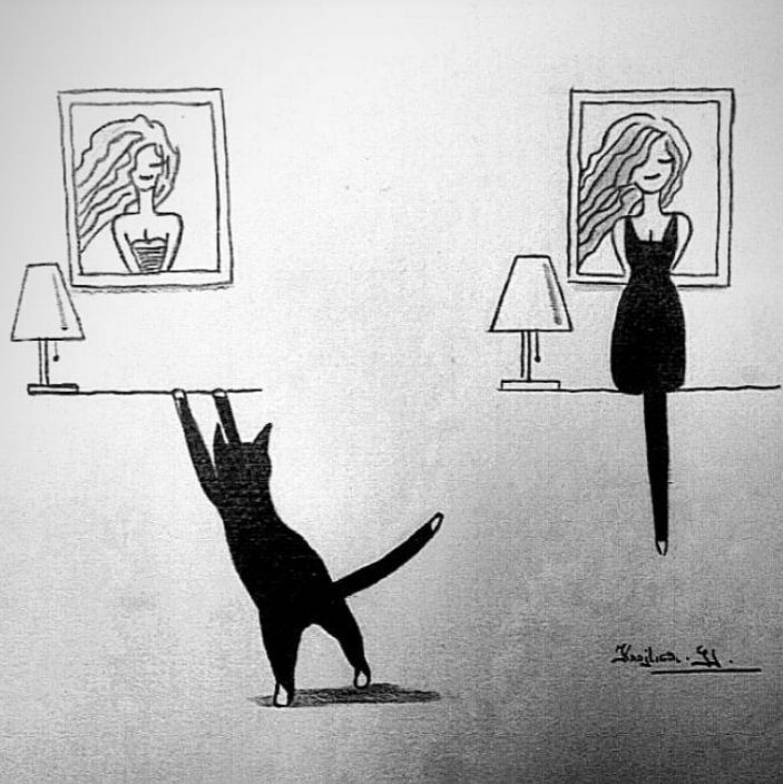 A black and white drawing of a cat hanging from a bar
