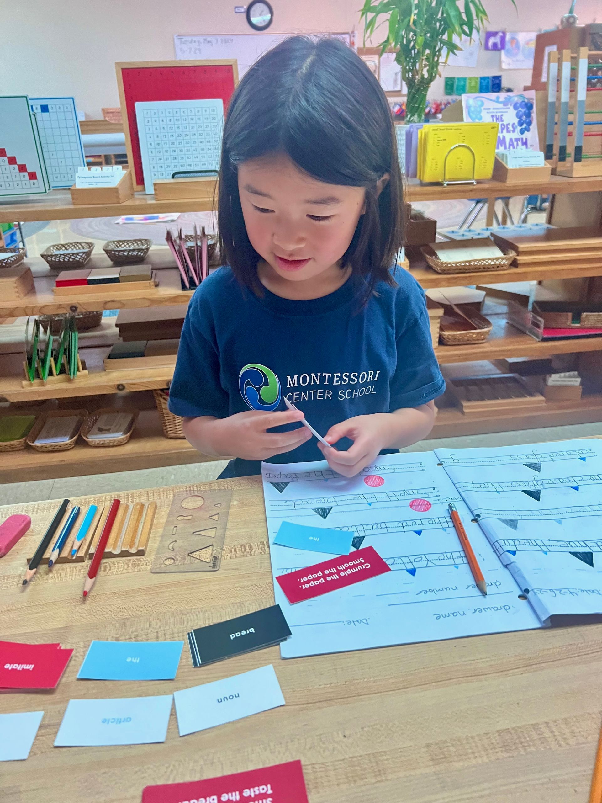 Child working with Montessori language materials.