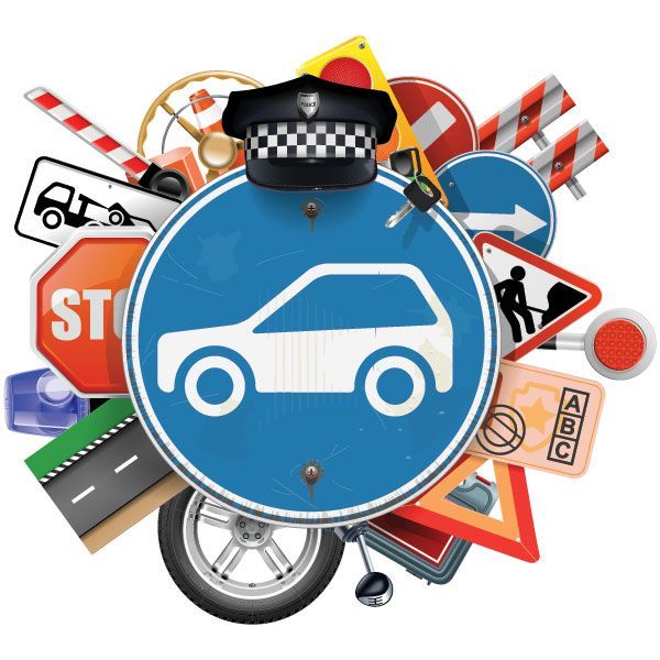 Concetto di scuola guida: vari segnali stradali e il simbolo di un'auto circondato da oggetti correlati alla guida.